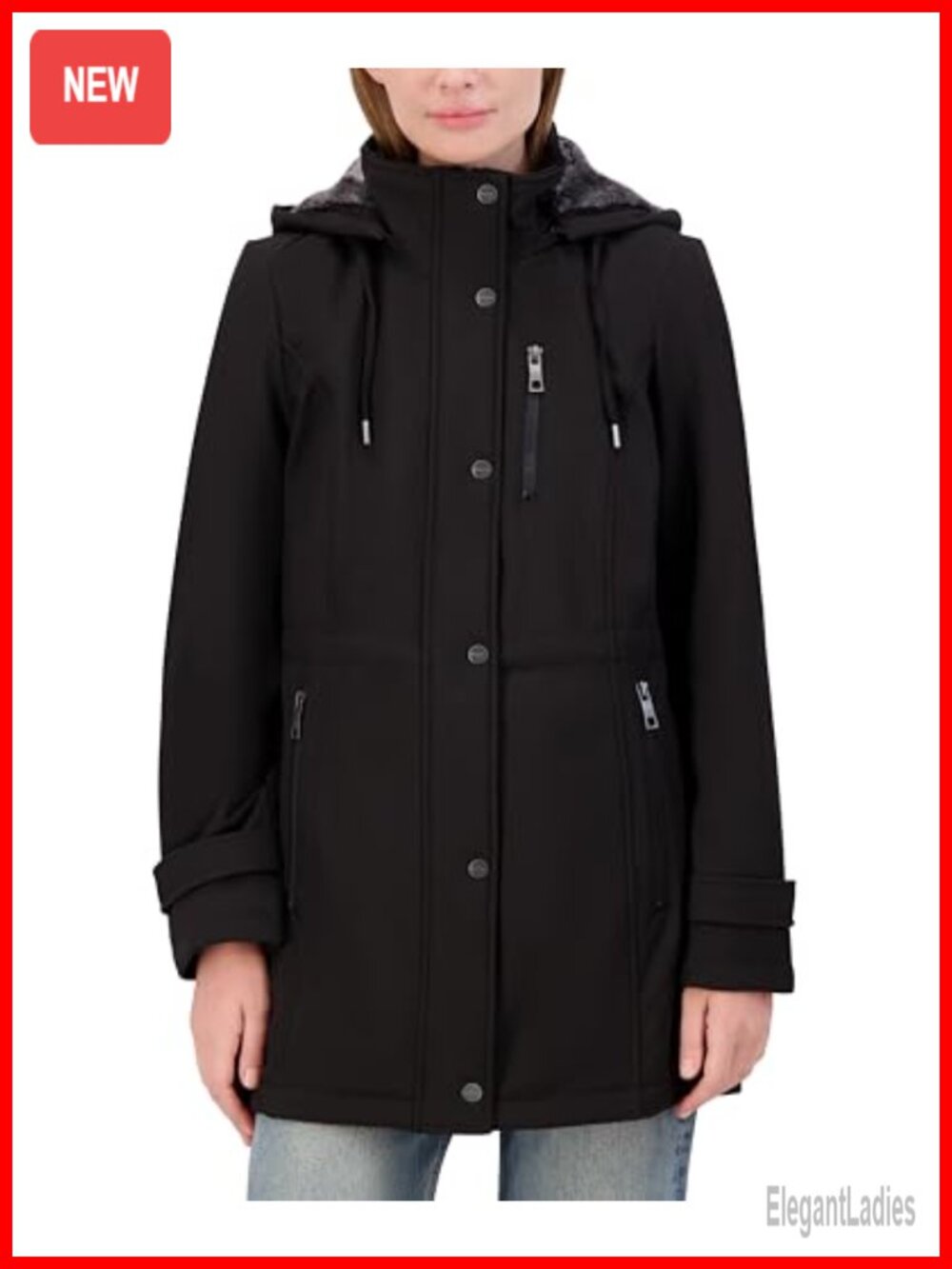 Women's Softshell Jacket Faux Fur Hood Water-Resistant Rain Coat